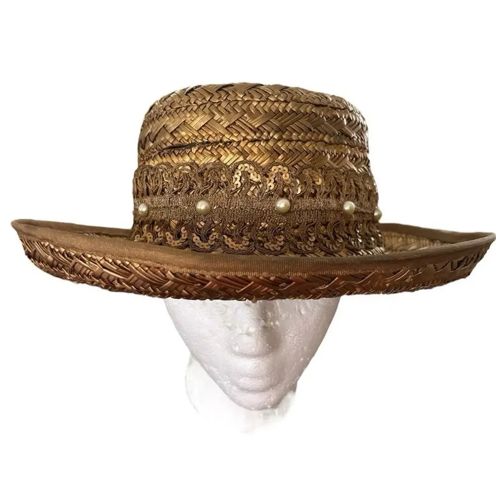 Eric Javits Hat Gold Bronze Straw Boat Beach Statement Spring Pearl Accent - Picture 1 of 9